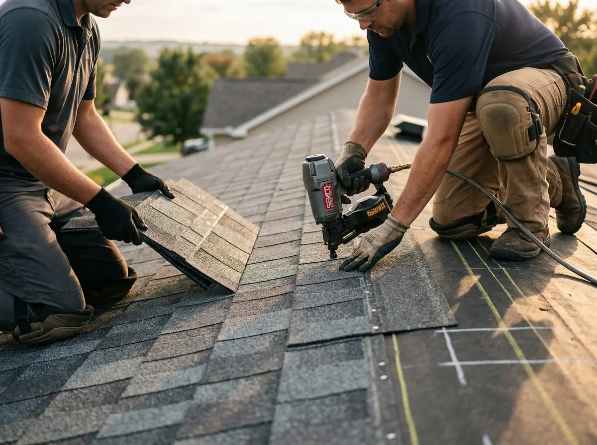 Professional roofer working on a residential roof in Helena Valley West Central
